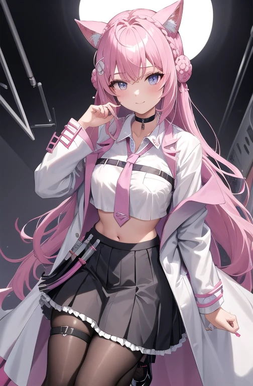 Long Hair, Hair Bun, Double Bang, Braided bun, Crown Blade, Hexagon, choker, black choker, tie, pink tie, shirt, white shirt, collared shirt, Crop top, Crop top overhang, nail, Manicure, ピンクのnail, clock, pocket clock, abdomen, belly button, belt, skirt, miniskirt, black skirt, pleated skirt, Frills, frilled skirt, Test tube, pantyhose, black pantyhose, Thigh straps, shoes, Black footwear, High heels, coat, labcoat, white coat, open coat, Open clothes, Long sleeve, Sleeves are longer than the wrist, pocket, smile, Research Room