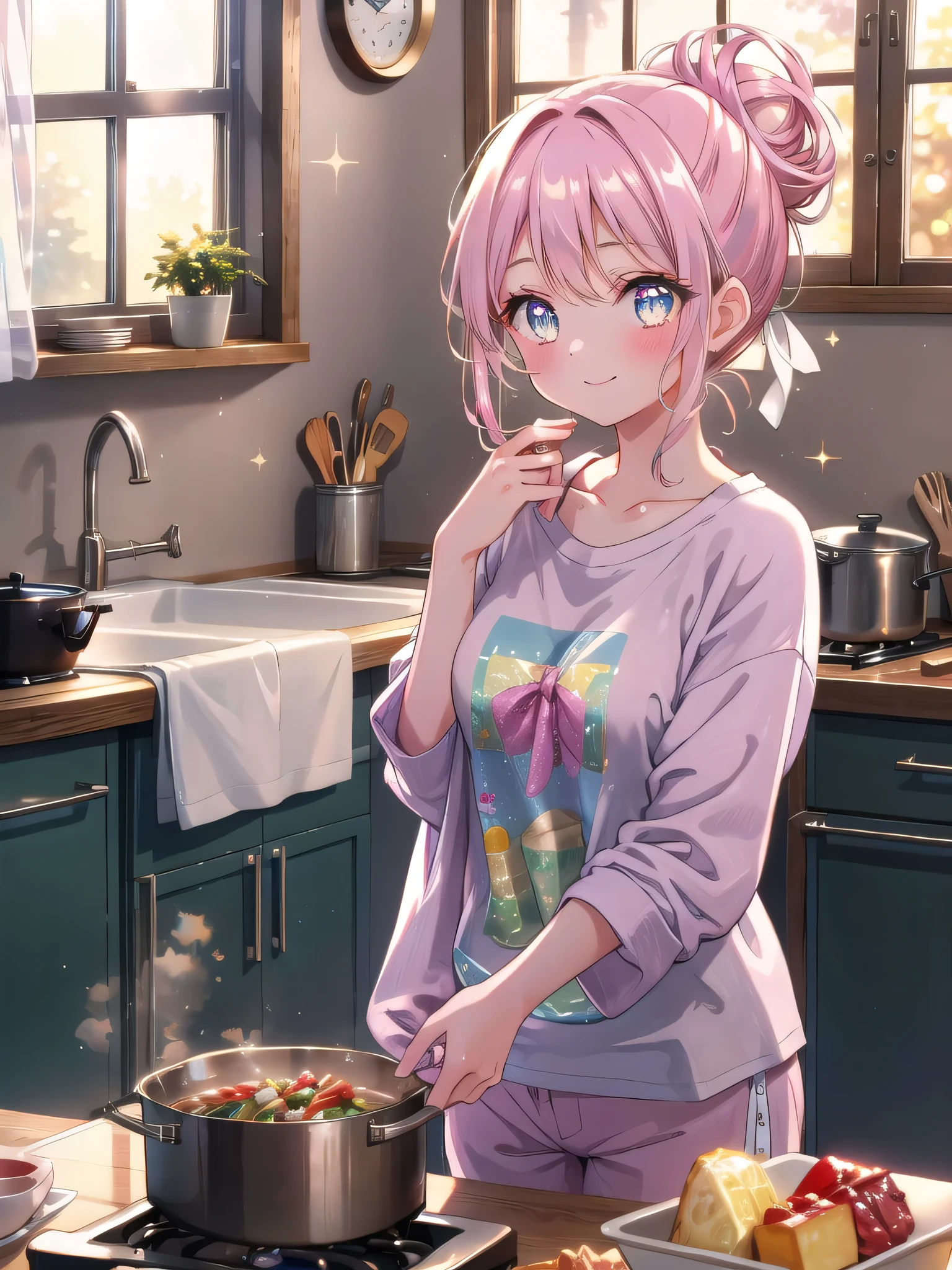 ((8k, Highest quality, masterpiece: 1.3)),Ultra-high resolution,(1 girl, alone), (Color changing eyes, Ultra-detailed, Expressive brilliance, Glitter, Glowing Eyes), Highly detailed eyes, Highly detailed face, Random Hair, ((pastel colour))A charming woman standing in her apartment’s kitchen, cooking dinner. She’s dressed in a comfortable oversized t-shirt and pajama shorts, her hair tied up in a messy bun. The warm evening light filters through the window, casting a soft glow on the cozy, modern kitchen. She’s stirring a pot on the stove, her expression focused yet relaxed. When she notices the camera, she turns with a playful, affectionate smile, her eyes sparkling as if she’s teasing her boyfriend for catching her in this everyday moment.