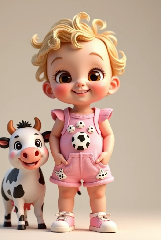 Create 3D baby standing, extremely short blonde hair with curls,big brown hazel eyes, big eyelashes, happy in pink jumpsuit with shorts, next to a cute cow, clothes with cow embroidery,girl with hands in shorts pocket,tennis,Caucasian skin.little baby