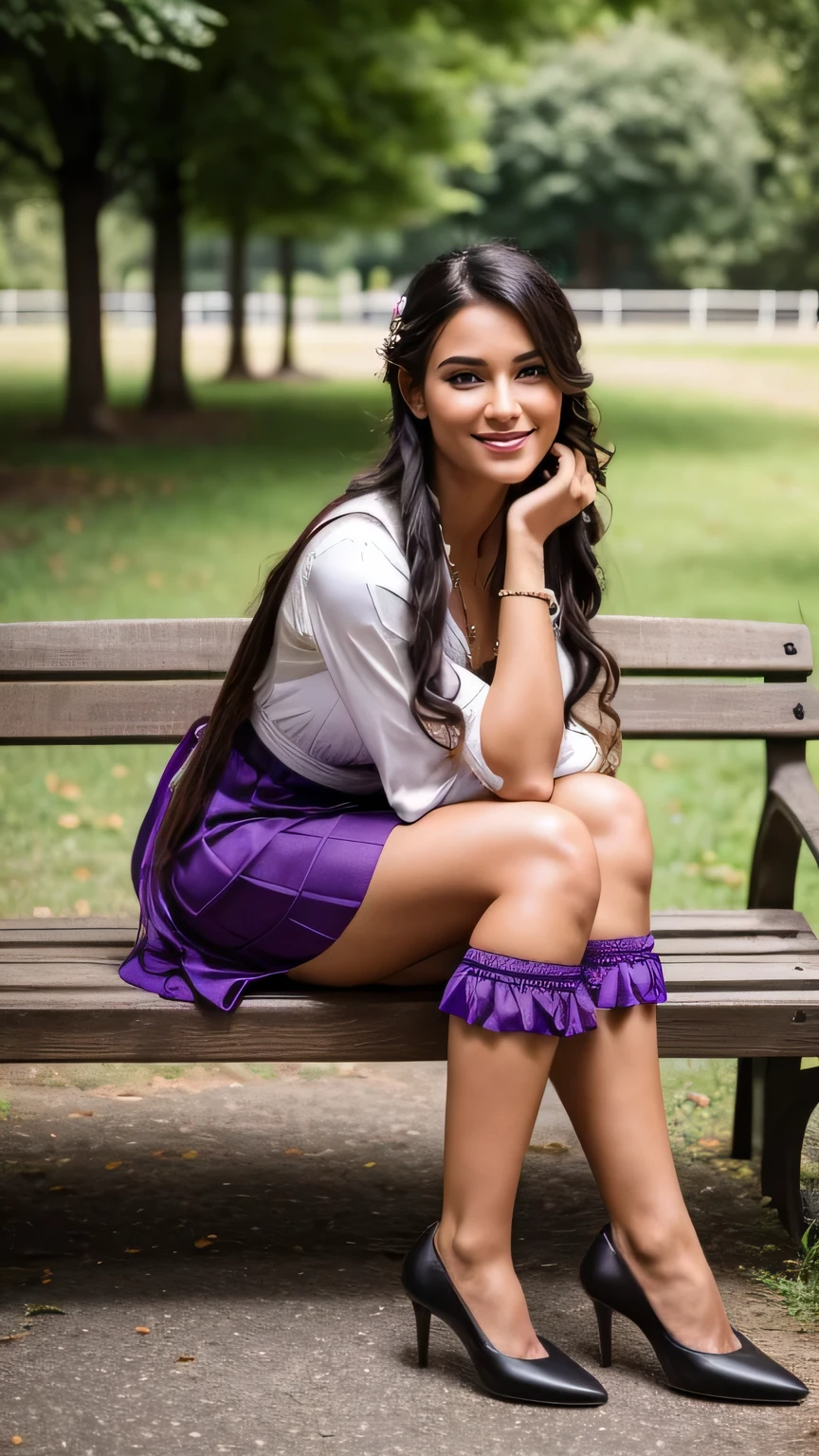 Realistic full body photo of a smiling black-haired woman with long hair, braids, She dances in front of the camera in a purple dirndl, Park,glamour fotoshooting, Wedding celebration, perfect anatomy, perfect brown eyes. Perfect hands with 5 fingers on each hand, Matching girl, look into the camera, 1 Frau. (Eye make up:1.1), (highly detailed skin:1.1), spirit, analog style, keen focus, 8K UHD, dslr, good quality, Fujifilm XT3, Grain, Award-winning, masterpiece. Wedding celebration. She sits on a bench and shows her beautiful legs. Beautiful shoes