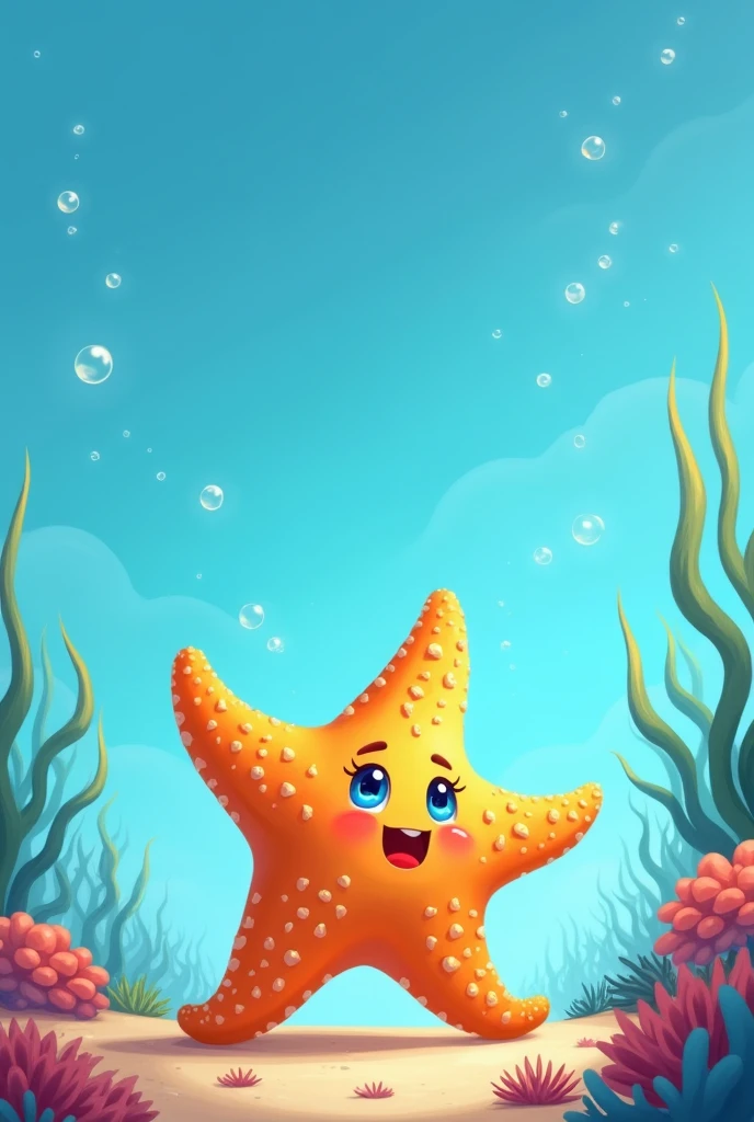 Illustration: Cute Sandy with blue eyes, A cheerful starfish looking up at the vast blue ocean, imagining faraway places.