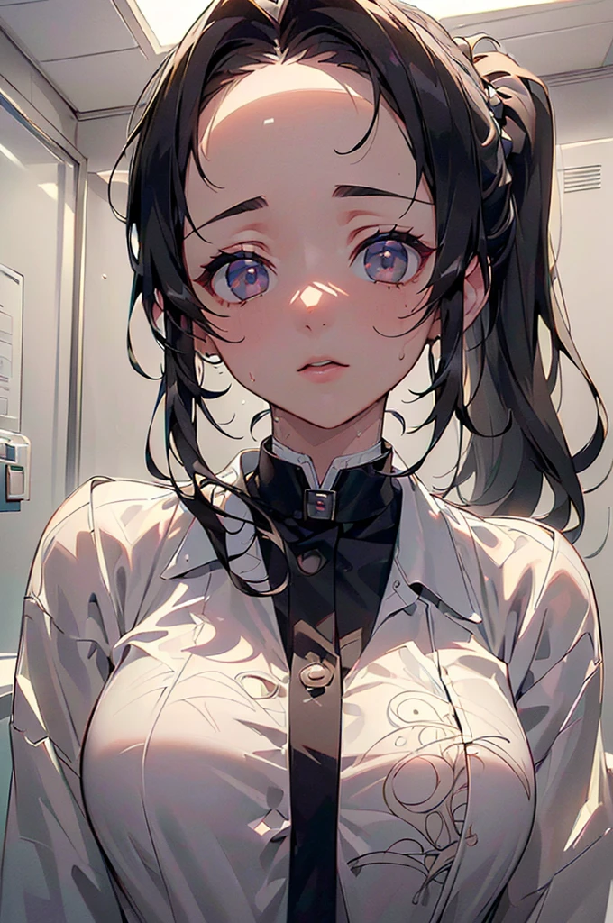 ((((High resolution, Intricate details, masterpiece, 8k, from front)))), (((beautiful, doctor, doctor))), ((One Woman, Expressionless, slender)), (Black Hair, Beautiful forehead, Long Hair, ponytail, Glowing Skin, Sweat), from front, looking at viewer, look at viewer, hospital, Examination room, Bright room,