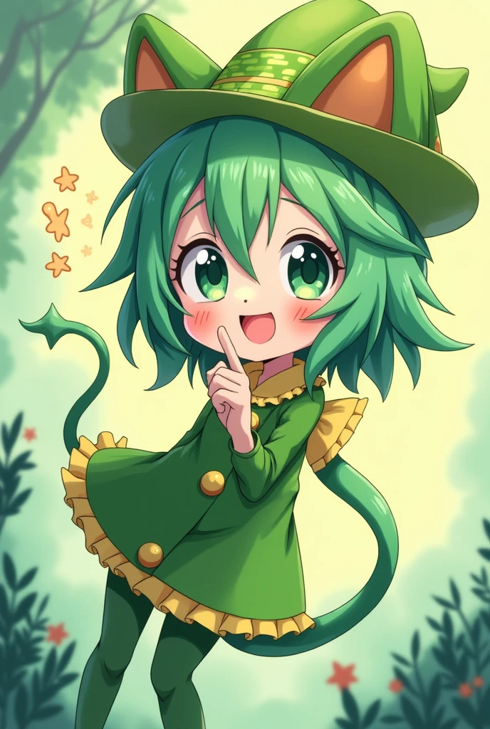 Anime character with green hair, a green hat and a green tail, Paintings inspired by Bian Shoumin, Topics on pixiv, Sequential Art, Anime Moe Art Style, in ryuuou no oshigoto art style, Stylized anime, 2D Anime Style, Anime Shōnen, wataru kajika, No type, With index finger, Cute Characters