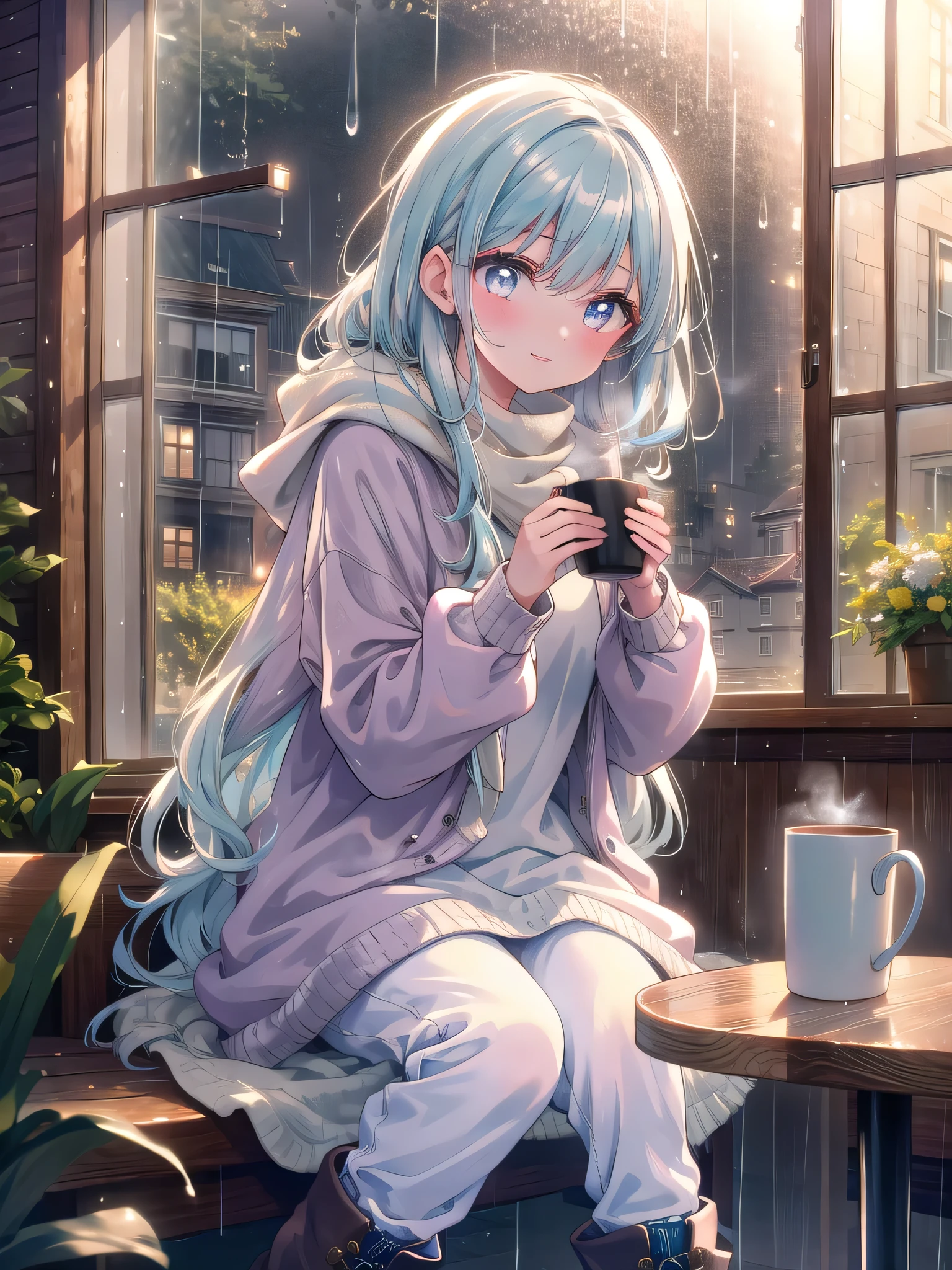 ((8k, Highest quality, masterpiece: 1.3)),Ultra-high resolution,(1 girl, alone), (Color changing eyes, Ultra-detailed, Expressive brilliance, Glitter, Glowing Eyes), Highly detailed eyes, Highly detailed face, Random Hair, ((pastel colour))A charming woman sitting by the window of a cozy coffee shop on a rainy day. She’s dressed in a soft knit sweater and skinny jeans, with ankle boots resting on the wooden floor. The rain taps gently against the window, creating a soothing background sound. She’s holding a steaming cup of tea with both hands, her expression contemplative as she watches the raindrops race down the glass. When she catches sight of the camera, her face brightens with a tender smile, her eyes softening as if she’s sharing this intimate moment with her boyfriend.