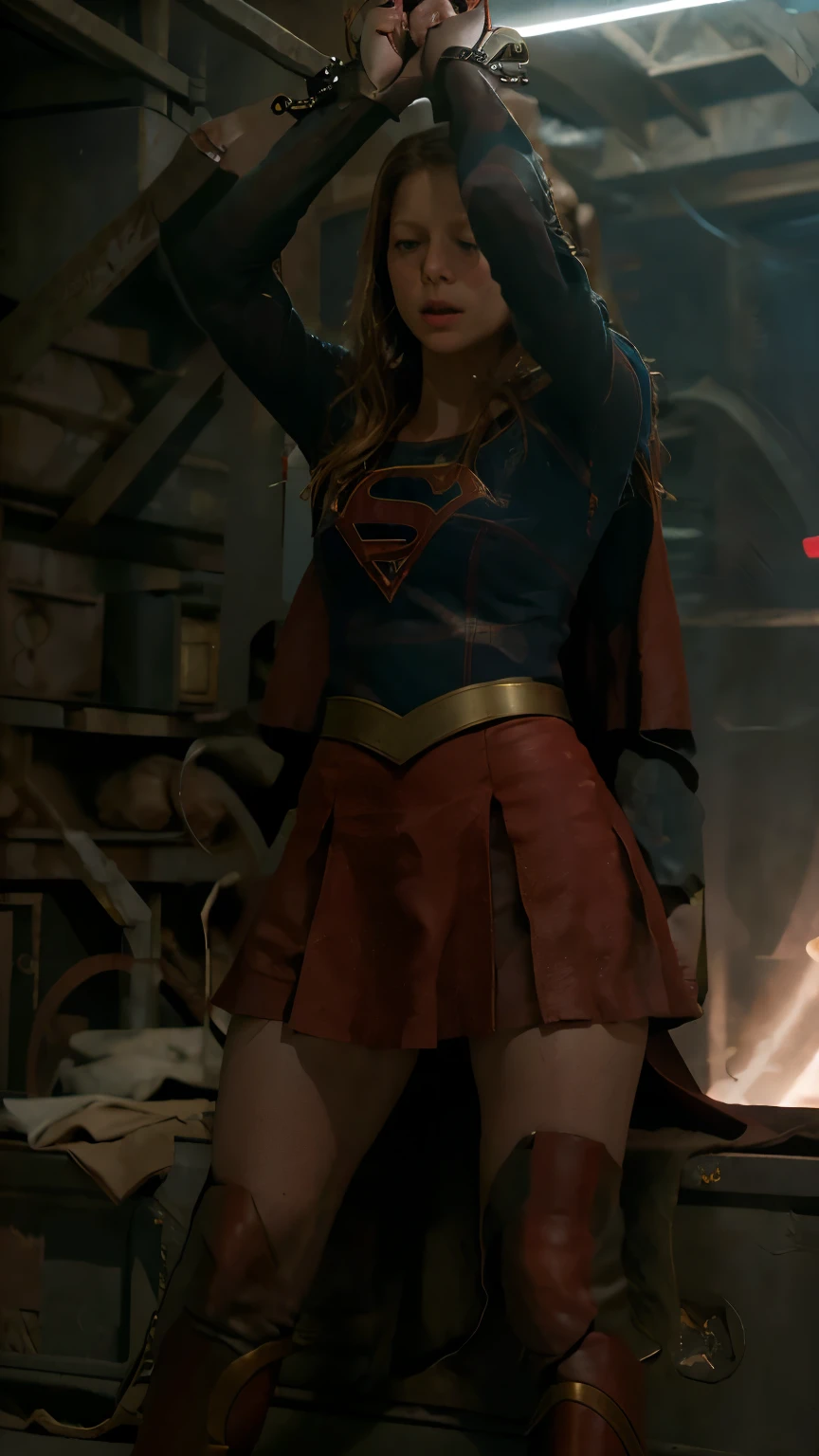 a handcuffed super girl getting raped by an evil squirting, space, space ship, futuristic, bdsm, bondage, , , forced, sexual intercourse, handcuffed, restrained, tattered red skirt, (Melissa Benoist face), eyes close, unconsciousness, faint,