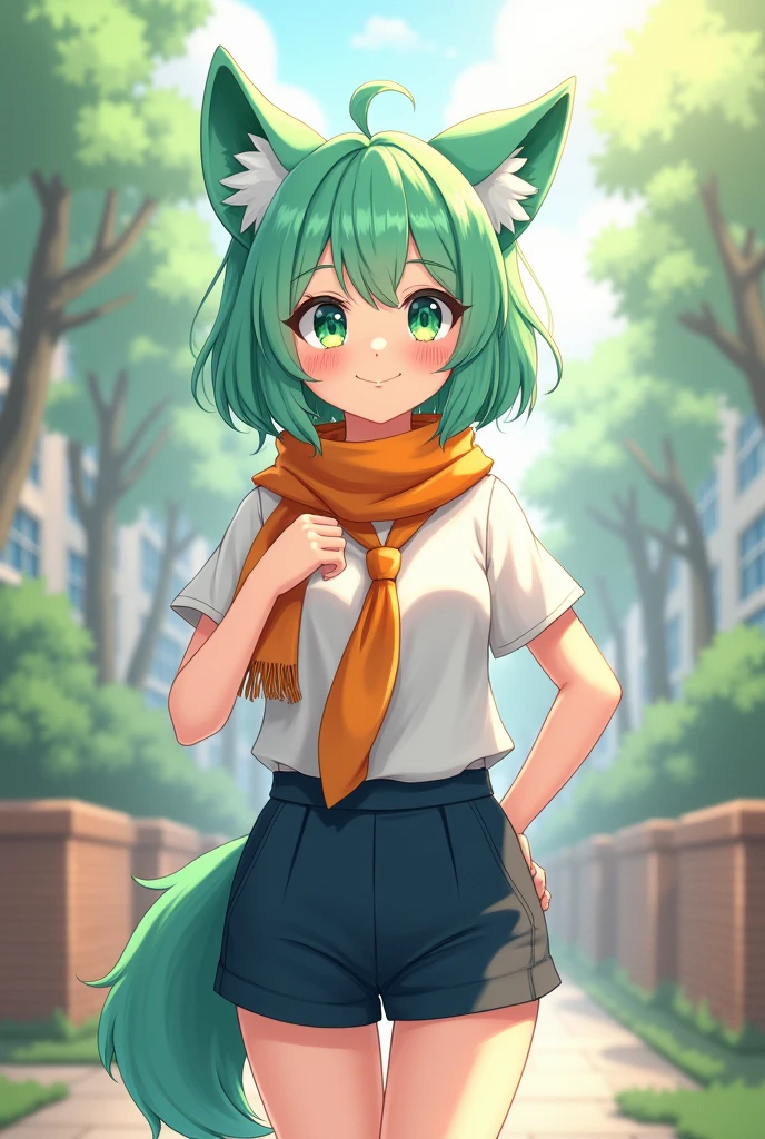 A 1 high school girl with mint green short hair and adorable mint green wolf ears. She has large, heart-shaped green eyes that radiate friendliness and cuteness. Dressed in a school uniform, she wears a crisp white shirt and dark blue shorts, complemented by an orange scarf and matching orange necktie. Her mint green wolf tail adds a whimsical touch to her appearance. Her friendly expression reflects her disciplined nature, showcasing her positive attitude and vibrant personality."