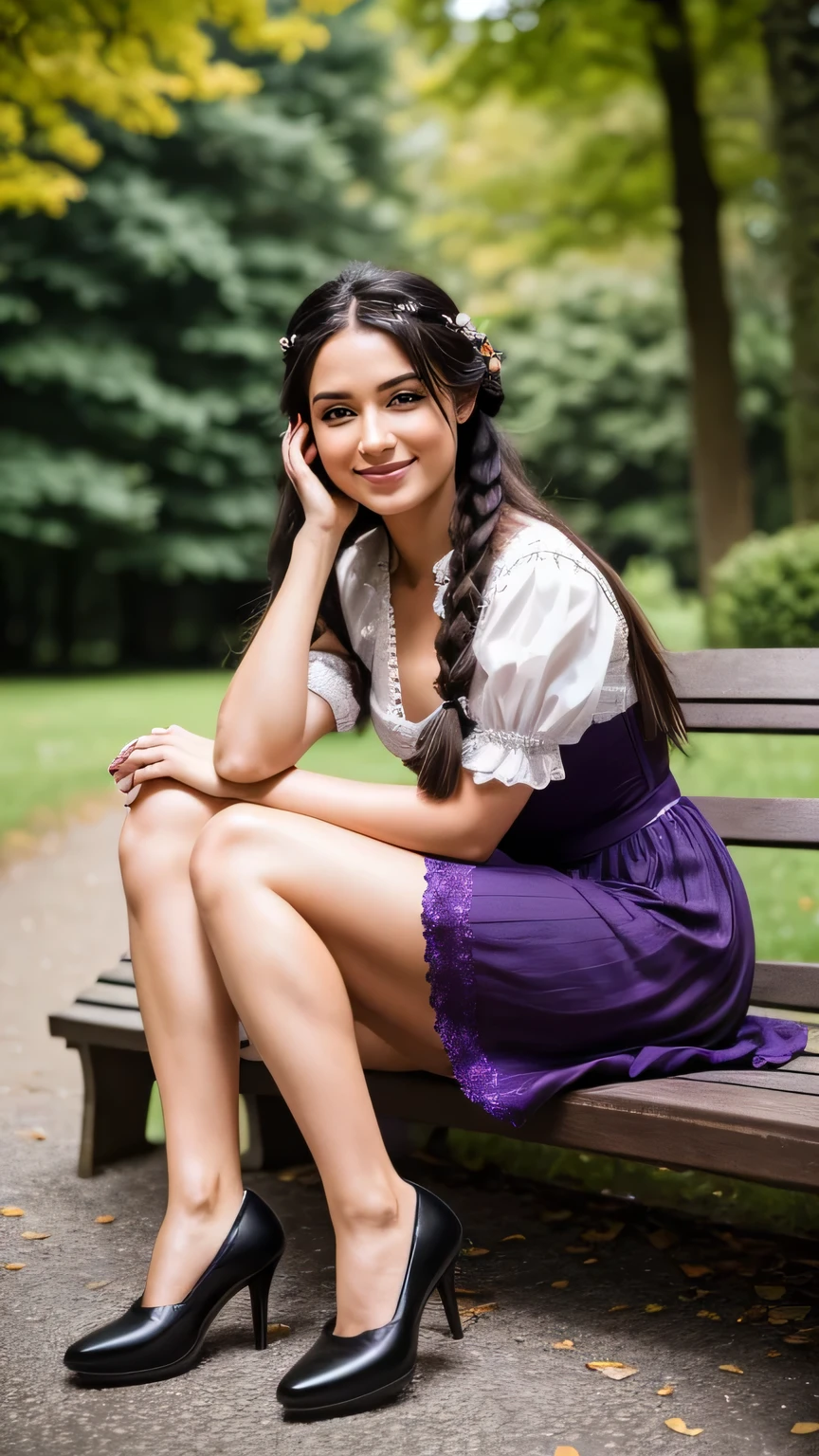 Realistic full body photo of a smiling black-haired woman with long hair, braids, She dances in front of the camera in a purple dirndl, Park,glamour fotoshooting, Wedding celebration, perfect anatomy, perfect brown eyes. Perfect hands with 5 fingers on each hand, Matching girl, look into the camera, 1 Frau. (Eye make up:1.1), (highly detailed skin:1.1), spirit, analog style, keen focus, 8K  UHD, dslr, good quality, Fujifilm XT3, Grain, Award-winning, ​masterpiece. Wedding celebration. She sits on a bench and shows her beautiful legs. Beautiful shoes