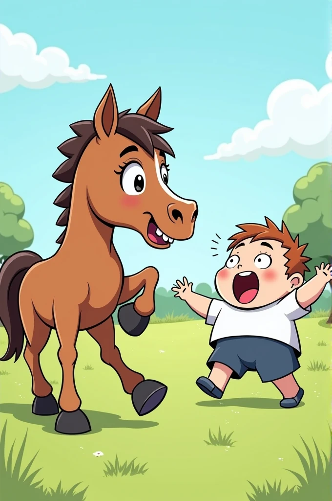 The horse breaks away from the spot, Hans falls and lies on the ground, complaining.
Draw a Chibi Comic in Anime Style for Kids