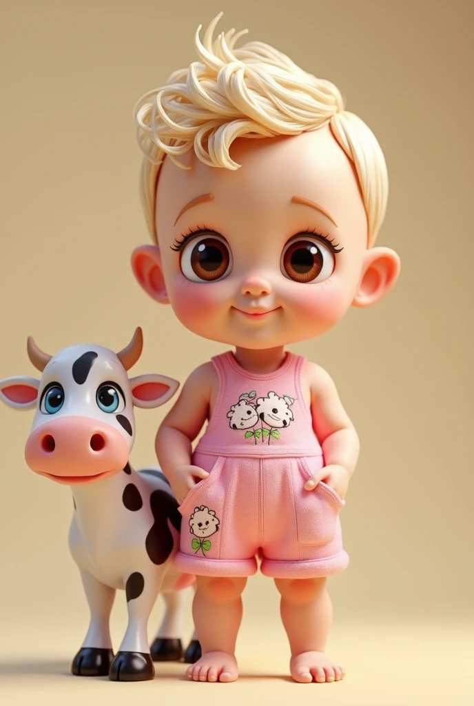 Create 3D baby standing, extremely short blonde hair with curls,big brown hazel eyes, big eyelashes, happy in pink jumpsuit with shorts, next to a cute cow, clothes with cow embroidery,girl with hands in shorts pocket,tennis,Caucasian skin.little baby