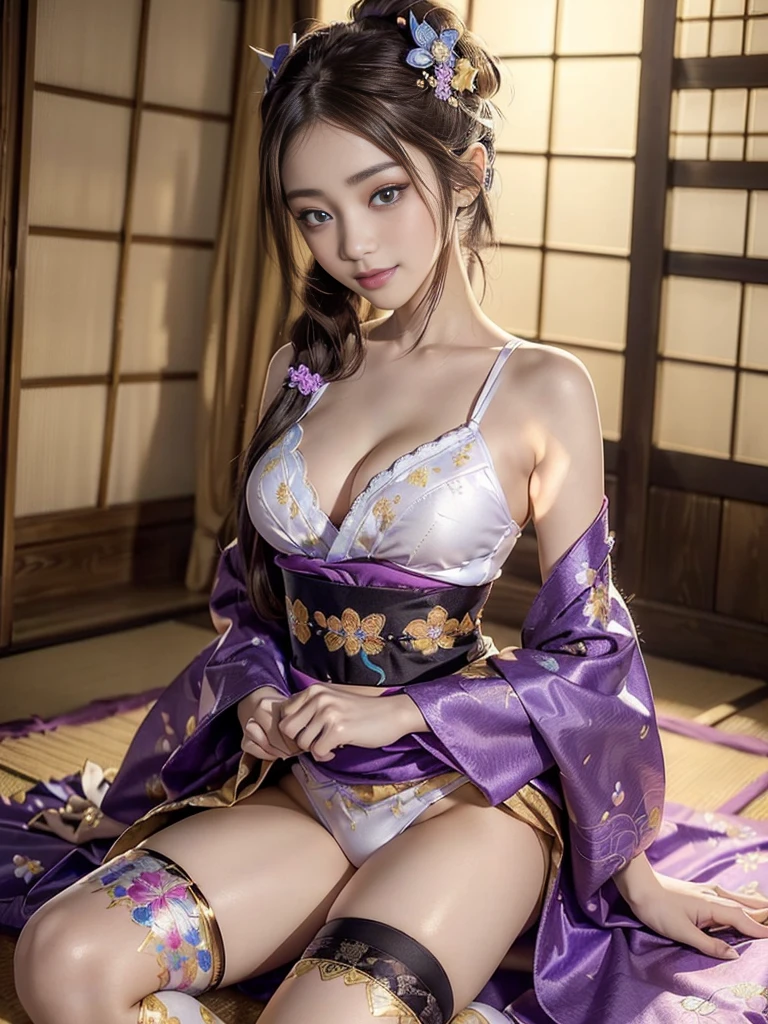 (Full Body View:1.3)、(Side view:1.1)、(Beautiful lips, cheeks and skin:1.4)、(Beautiful:1.4)、(Smiling with teeth showing:1.3),(Shibuya Gal:1.5)、(Geisha dance:1.5)、(Black, yellow, magenta, and purple miniskirt courtesan kimono showing cleavage:1.5)、(Delicate depiction:1.4)、(Luxury hair ornaments/hairpin:1.5)、(Short kimono:1.4)、(Make-up like a maiko:1.5)、(Bewitching Woman:1.3)、(Dense kimono:1.4)、(Wearing flashy knee socks:1.2)、(The underwear has an embroidered pattern:1.4)、40 years old、(Dance vigorously:1.3)、((Highest quality、8k、masterpiece:1.3))、1 Female、Slim and beautiful abs:1.3、(hairstyle casual、Beautiful boobs:1.1)、dress:1.1、Super small face、Narrow eyes、double eyelid、A sloppy smile、Esbian all over body、Dynamic Angle、Close-up、CPL Filter、Blurred Background、Bokeh、Blue Hour、Detailed face and skin texture、Detailed eyes、double eyelid,(Twin tails:1.3)、(Brown-golden hair:1.3)、Gravure idol、(The background is a gorgeous castle town from the Edo period:1.3)、(Thin body:1.2),(Thin thighs:1.5),(clavicle:1.1)