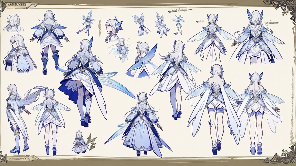 Illustration of a Fairy wearing medieval armor,((character concept art)), ((Character Design Sheet, Same character, front, side, back)) Maple story character art, Video Game Character Design, Video Game Character Design,concept art, Long hair, pointed ears, Fairy wings