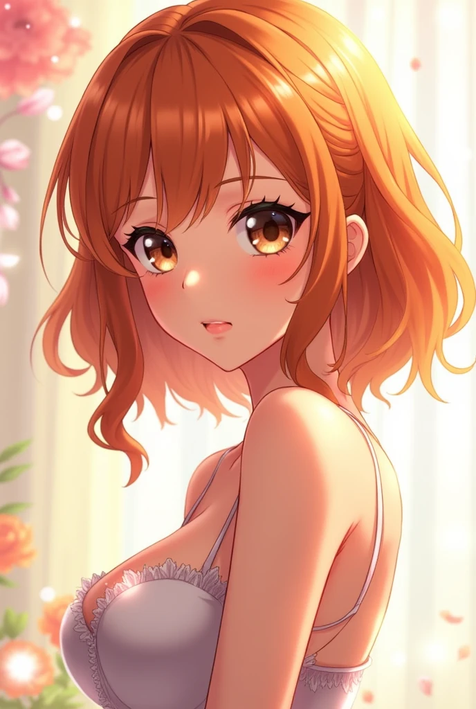 Fat orange middle lenght hair brown eyes coquette style animé girl