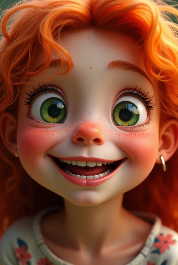 One girl, close up, small eyes, green eyes, long bushy red hair, freckles, big smile