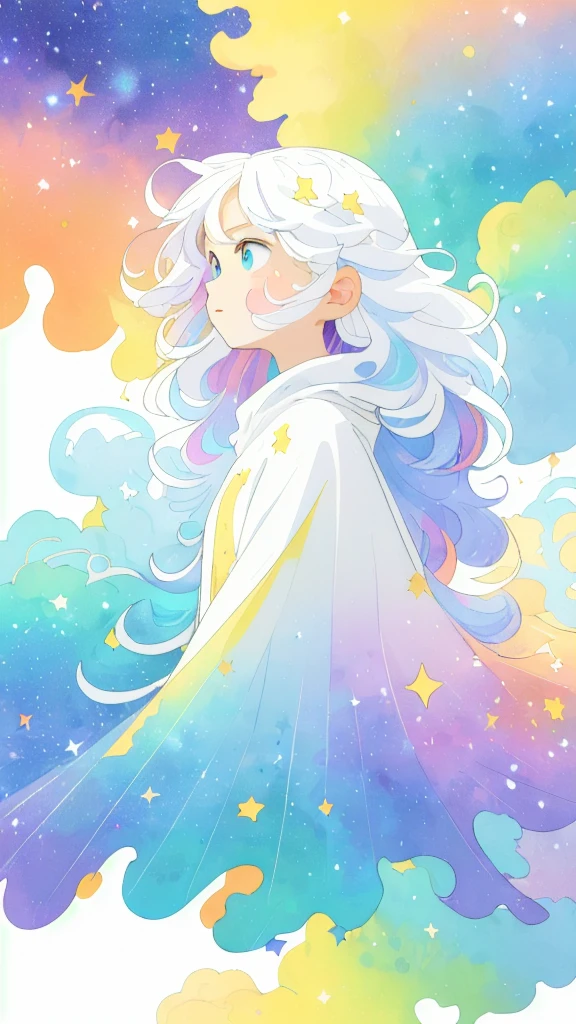 ((masterpiece)), (((best quality))), ((ultra-detailed)), ((illustration)),[realism light effect],shadow,(Fantasy style),(white background:1.6), simple background, (earth theme),(a cloak)[(hair focus,((1girl)),[(big slime hair): (cloud hair):0.3], (hair on background),(high saturation),(hair surrounded by galaxy splashes),)):((her hair is becoming galaxy clouds,:1.27628), (hair and clothes is galaxy clouds and cluster of stars:1.1025),(a cloak is becoming galaxy clouds)(colorful_galaxy_print_clusters_of_stars_print:1.35),((detailed starry sky with colorful galaxy and galaxy clouds):1.2)):0.35], (((masterpiece))),(((best quality))),((ultra-detailed)),(illustration),(dynamic angle),((floating)),(paint),((disheveled hair)),((beautiful detailed face)),collar,bare shoulders, ((colorful hair)),((streaked hair)),beautiful detailed eyes,(Gradient color eyes),(((colorful eyes))),(((colorful background))),(((high saturation))),(((surrounded by colorful splashes))),(((surrounded by colorful dot))),colorful bubble,((shining)),