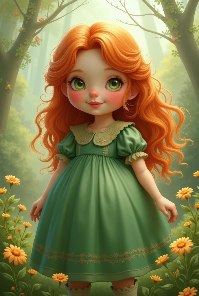 Chubby girl, green eyes, ginger hair, wavy hair, green dress