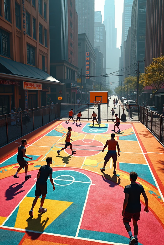 Please create an image of a street basketball court where the court is designed with a rug