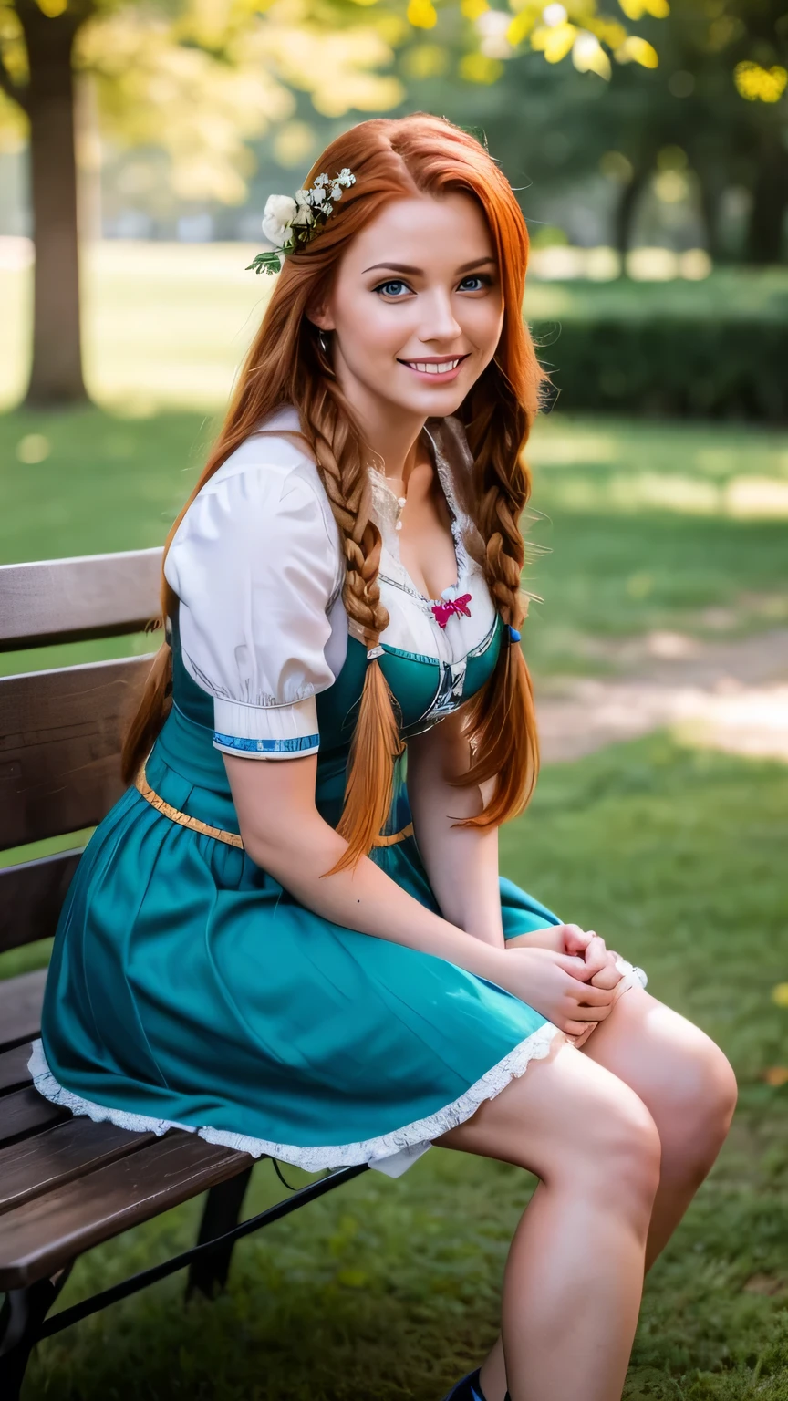 Realistic full body photo of a smiling redhead with long hair, braids, She dances in front of the camera in a blue dirndl, Park,glamour fotoshooting, Wedding celebration, perfect anatomy, perfect green eyes. Perfect hands with 5 fingers on each hand, Matching girl, look into the camera, 1 Frau. (Eye make up:1.1), (highly detailed skin:1.1), spirit, analog style, keen focus, 8K UHD, dslr, good quality, Fujifilm XT3, Grain, Award-winning, masterpiece. Wedding celebration. She sits on a bench and shows her beautiful legs. Beautiful shoes