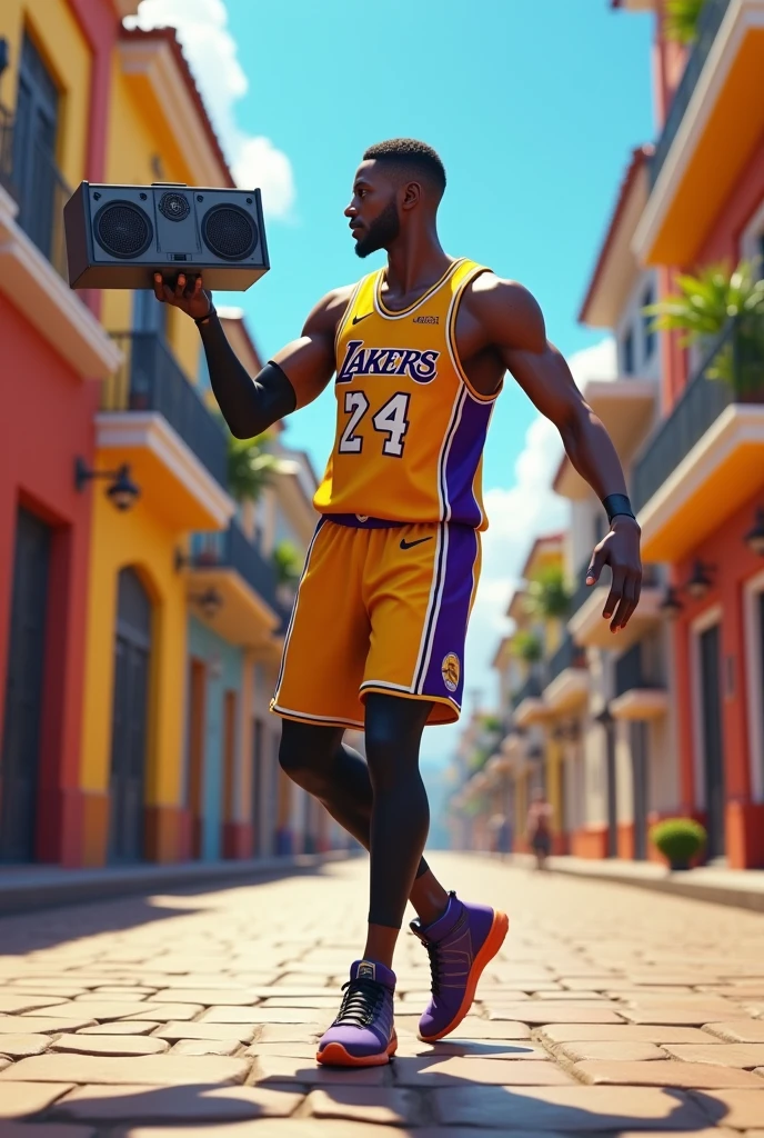 Generates agent jonesy in laker clothes with a speaker in cartagena dancing ballet