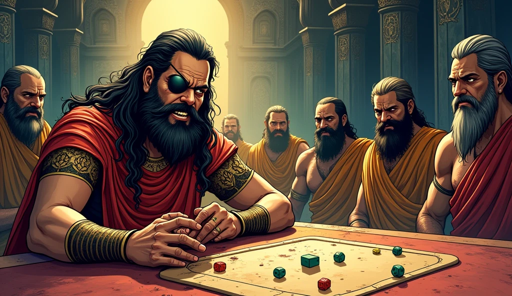 A comic-style depiction of the fateful game of dice in the Mahabharata. Shakuni, wearing his signature eye patch, sits confidently at the dice table with a sly, triumphant grin. In front of him, Yudhishthira, the eldest Pandava, is shown in despair, as he loses everything with each roll. The dice are in mid-air, symbolizing the inevitability of Yudhishthira's defeat. The Kauravas, including Duryodhana, watch with greedy, arrogant expressions, unaware that they are being manipulated by Shakuni. The setting is a grand royal hall, with dramatic lighting casting deep shadows, highlighting the tension and treachery of the scene. The overall tone is intense and dark, with vibrant comic-style colors that emphasize the high stakes and the tragedy unfolding."