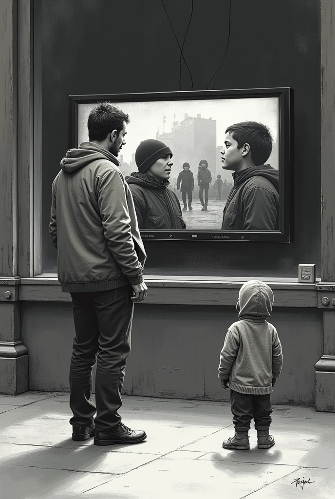 Create a drawing of a man watching a TV in a shop window that shows children suffering from war. The man does not see that next to the window there is a child without a coat and with the few clothes he has.,routes.the child is hungry.the child cries.the man just watches tv