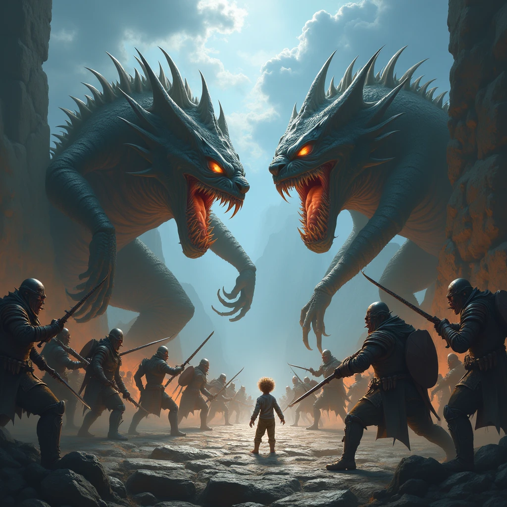 Recreate this image with monsters vs warriors and a child in the middle