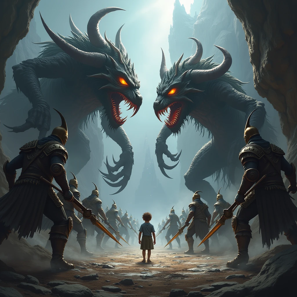 Recreate this image with monsters vs warriors and a child in the middle