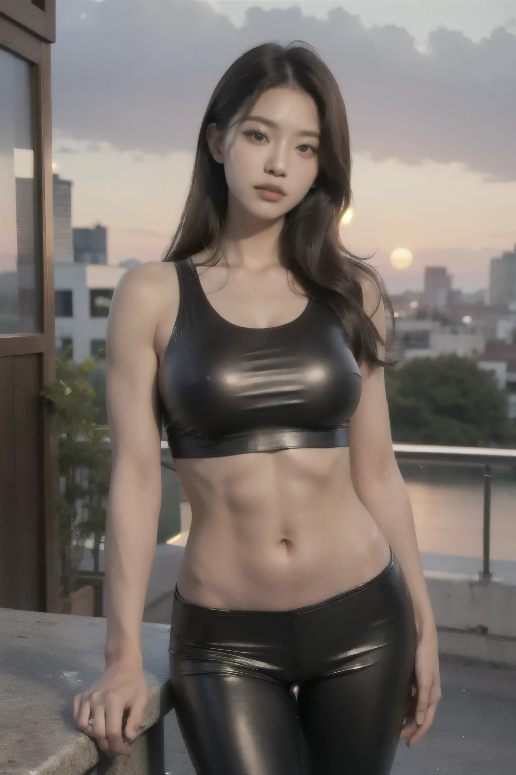((Best quality, 8k, Masterpiece :1.3)), Whole body, Long legs, Sharp focus :1.2, A pretty woman with perfect figure :1.5 Korean girl, ((Dark brown hair, Big breasts:1.3)), (Sexy sports top, long laging pants, Standing:1.2), ((sunset City view, street background)), Highly detailed face and skin texture, Detailed eyes, Double eyelid, (abs, muscle :1.3),