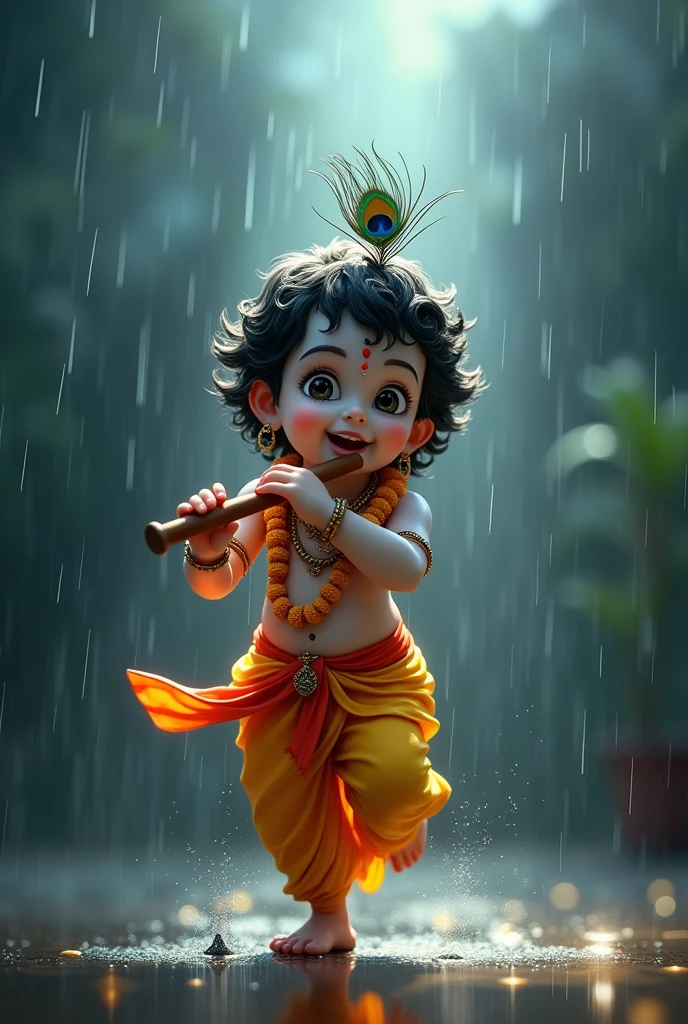 (photorealism:1.2), A 3D render of a medium shot of a cute baby Krishna with a peacock feather in his hair, singing a flute. He is wearing a yellow dhoti and a flower garland. He is with his friend Radha and a cow cub. They are all enjoying the rain under a tree. The background is filled with dark clouds and rain. The lighting is dramatic, with a bright spotlight on Krishna and a dark background.