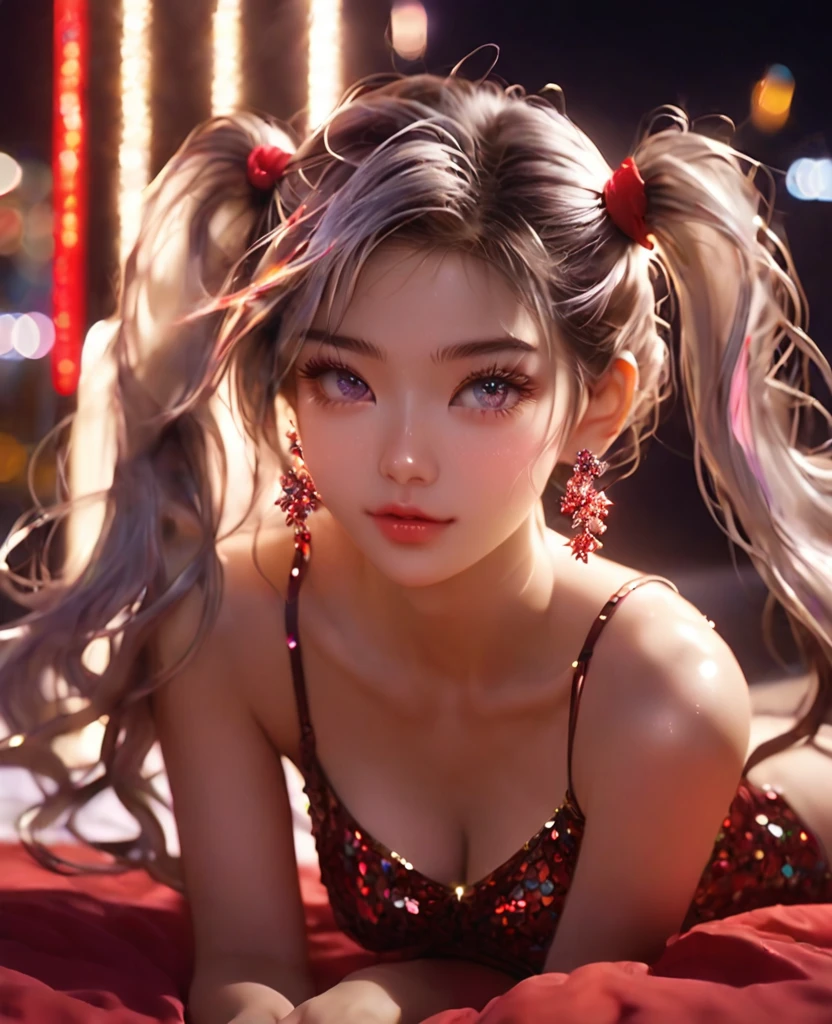 8K,an extremely delicate and beautiful,Beautiful and realistic skin,Shiny jewel-like earrings,Bedhead,like glitter silver hair,beautiful eyes,camisole,short shots,asian cute girl,full body,night city