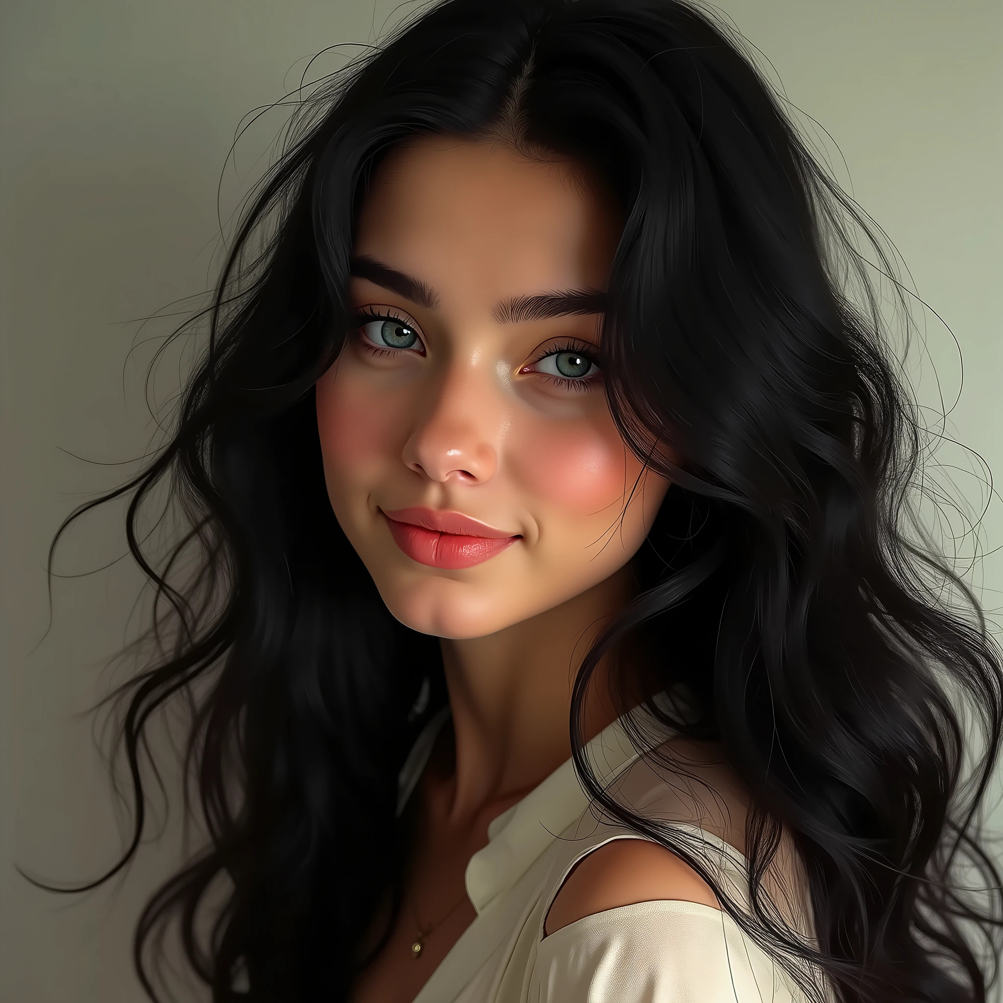 a 20 years young european girls with long black hair, blue eyes, smiling, wearing a shirt, ultra detailed, 8k, photo-realistic, cinematic lighting, highly detailed portrait, striking facial features, warm color palette, natural skin tones, subtle textures, ambient occlusion, digital painting, concept art style