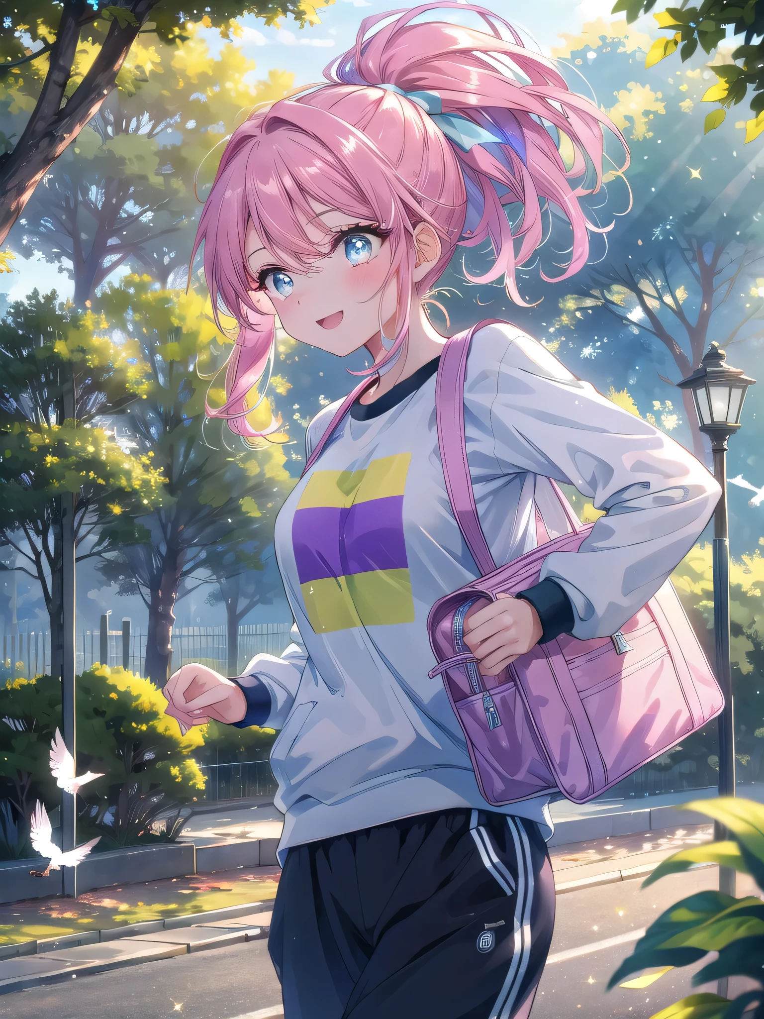 ((8k, Highest quality, masterpiece: 1.3)),Ultra-high resolution,(1 girl, alone), (Color changing eyes, Ultra-detailed, Expressive brilliance, Glitter, Glowing Eyes), Highly detailed eyes, Highly detailed face, Random Hair, ((pastel colour))A beautiful woman walking through a quiet park in the early morning, dressed in a light jacket, a simple t-shirt, and jogger pants. The park is still waking up, with soft rays of sunlight filtering through the trees and birds singing in the background. She’s carrying a small gym bag in one hand, her hair pulled back into a neat ponytail. Her expression is focused and determined as she heads toward the jogging path. When she notices the camera, she gives a warm, encouraging smile, her eyes full of energy, as if she’s happy to have her boyfriend accompany her on this morning run.