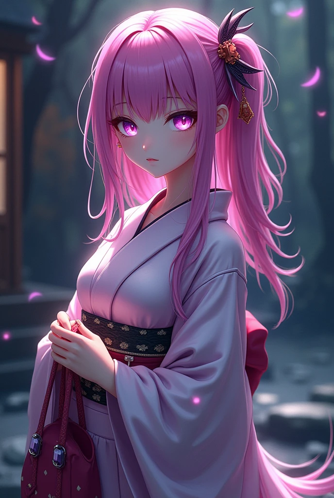 A 1 demon girl with a Hair length is as long as the middle of the back., pink hair, purple eyes, wearing a yukata, and holding a bag.