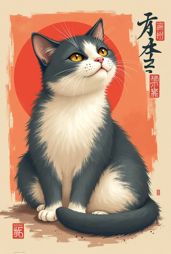 Poster、Japan、Posterの文字は「Cats are justice」、Writing Skills、Thick brushwork