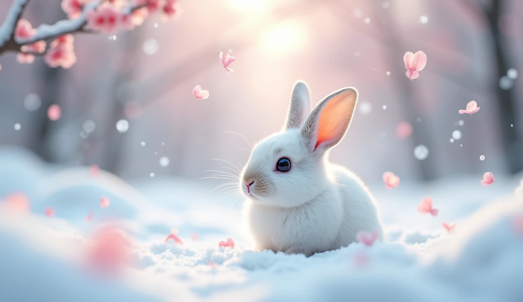 Ultra-realism、masterpiece、Highest quality、Film Grain、Spectacular views、The rabbit is small in size、Little white rabbit、Snow rabbit turns around and looks at the viewer、Frigid winter、Snow Scene、Heart-shaped cherry blossom petals fluttering:1.5、桃色のSnow Scene、Cherry blossom blizzard、