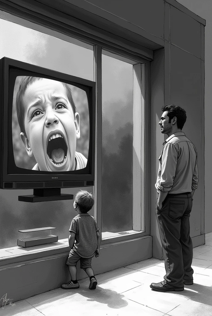 Create a drawing of a man watching a TV in a shop window that shows children suffering from war. The man does not see that next to the window there is a child without a coat and with the few clothes he has.,routes.the child is hungry.the child cries.the man just watches tv