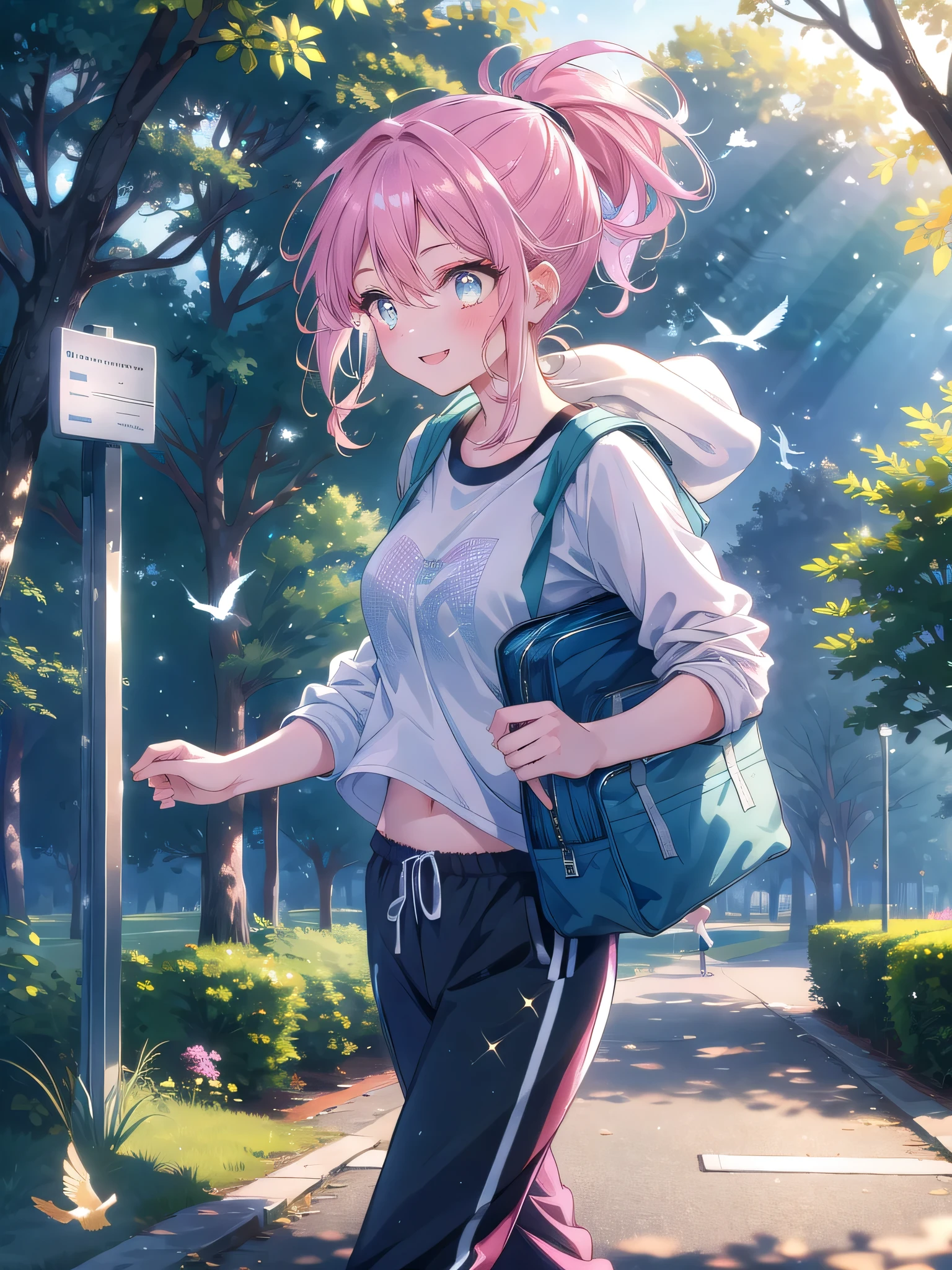 ((8k, Highest quality, masterpiece: 1.3)),Ultra-high resolution,(1 girl, alone), (Color changing eyes, Ultra-detailed, Expressive brilliance, Glitter, Glowing Eyes), Highly detailed eyes, Highly detailed face, Random Hair, ((pastel colour))A beautiful woman walking through a quiet park in the early morning, dressed in a light jacket, a simple t-shirt, and jogger pants. The park is still waking up, with soft rays of sunlight filtering through the trees and birds singing in the background. She’s carrying a small gym bag in one hand, her hair pulled back into a neat ponytail. Her expression is focused and determined as she heads toward the jogging path. When she notices the camera, she gives a warm, encouraging smile, her eyes full of energy, as if she’s happy to have her boyfriend accompany her on this morning run.