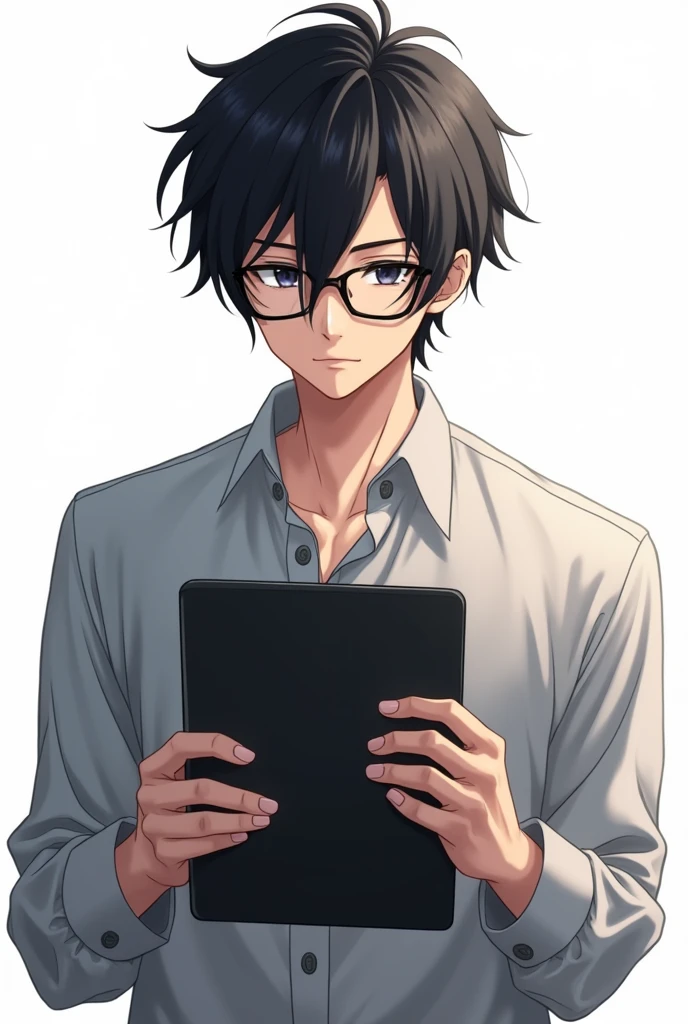 Black hair male teacher, black eyes, wearing glasses, holding an iPad, anime image, white background
