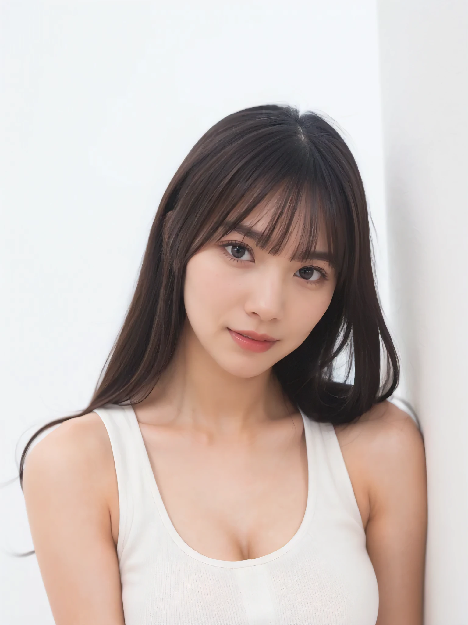 1girl, 25years old woman, (perfectly detailed face), (((Tank tops))), Small breasts, medium breasts, large breasts, cute face, beautiful face, ((looking at viewer)), Simple Background, ((white background)), ((white wallpaper)), White skin, (bright lighting:1.2), perfect lighting, photorealistic, (bokeh), UHD, anatomically correct, highres, masterpiece