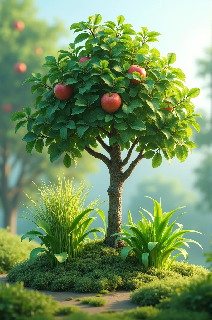 Apple tree, rice plant, water spinach in the middle of the image