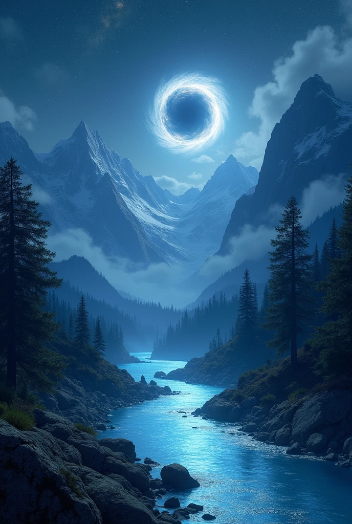 A river with trees and mountains at moon night and glowing river water ang stary sky and black hole showing in the sky and bigger moon realistic