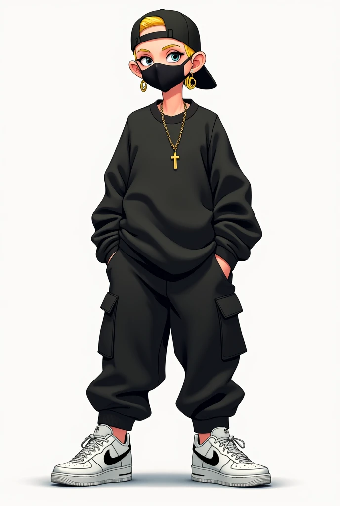 cartoon drip 2d, blond, Short mohawk hair, in black cargo pants, black cap back, black jersey, Air Force Sneakers White, simple earrings, very loose clothes, gold cord, black mask from the nose down, etc.