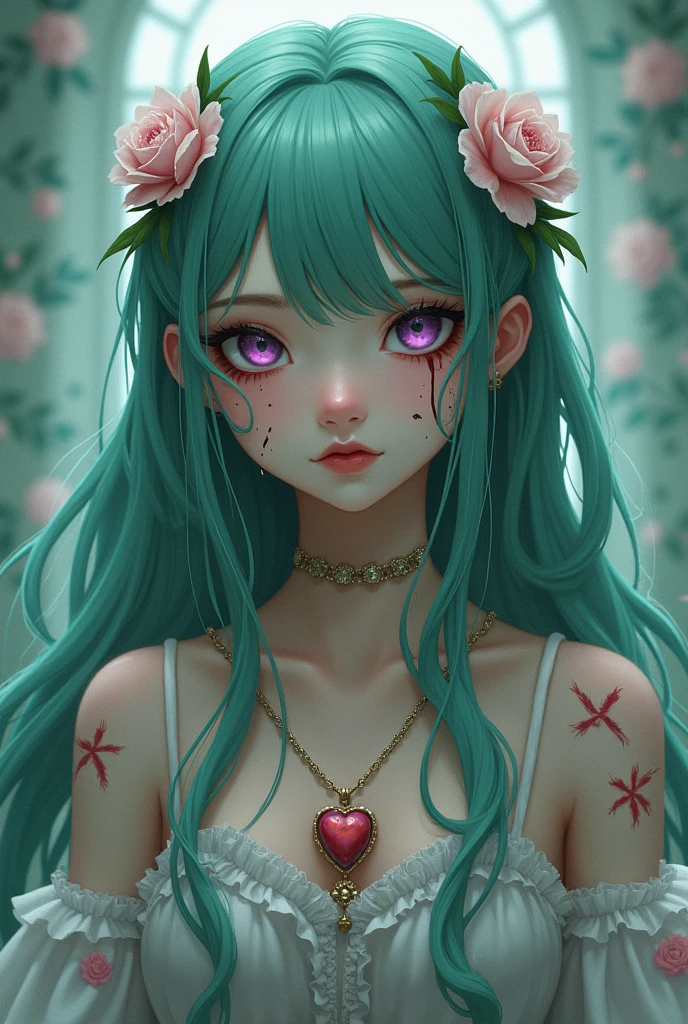  The girl is mentally ill and has Hanahaki disease. Long Mint green hair, purple eyes, and full of cuts.(self-harm) 
Wearing Lolita clothes 