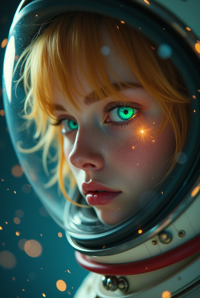 "(Close-up of a superior work of art:1.5)0.9], (cosmos and cosmonauts:1.2) (Untidy golden locks:1.1) (Heterochromia xanthochromia and green eyes:1.2) (space helmet:1.0) (vibrant stars in the eyes:1.0) (a glowing radiance:1.1) (full lips:0.9)"