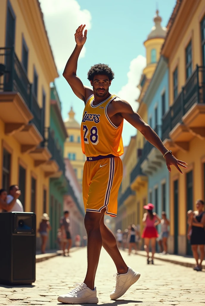 Generates Agent Jonesy Rubio in Laker clothing with a speaker in Cartagena dancing ballet