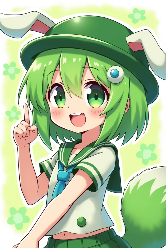 Anime character with green hair, a green hat and a green tail, Paintings inspired by Bian Shoumin, Topics on pixiv, Sequential Art, Anime Moe Art Style, in ryuuou no oshigoto art style, Stylized anime, 2D Anime Style, Anime Shōnen, wataru kajika, No type, With index finger, Cute Characters、、Bunny ears