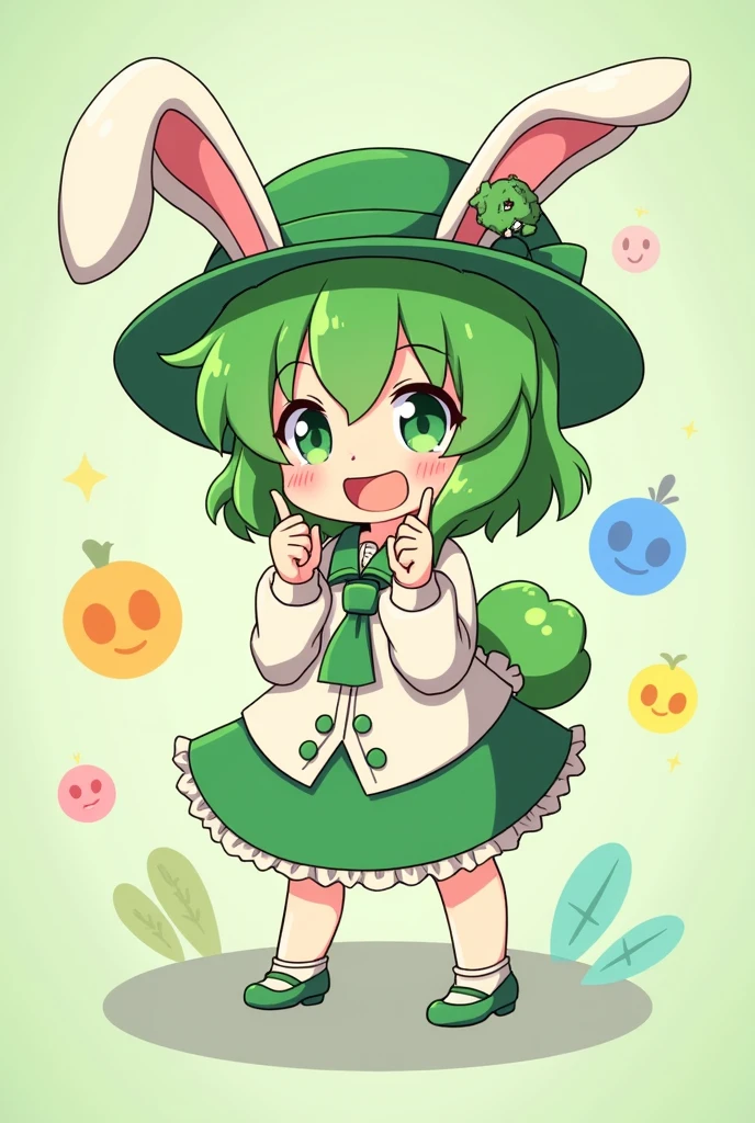 Anime character with green hair, a green hat and a green tail, Paintings inspired by Bian Shoumin, Topics on pixiv, Sequential Art, Anime Moe Art Style, in ryuuou no oshigoto art style, Stylized anime, 2D Anime Style, Anime Shōnen, wataru kajika, No type, With index finger, Cute Characters、、Bunny ears