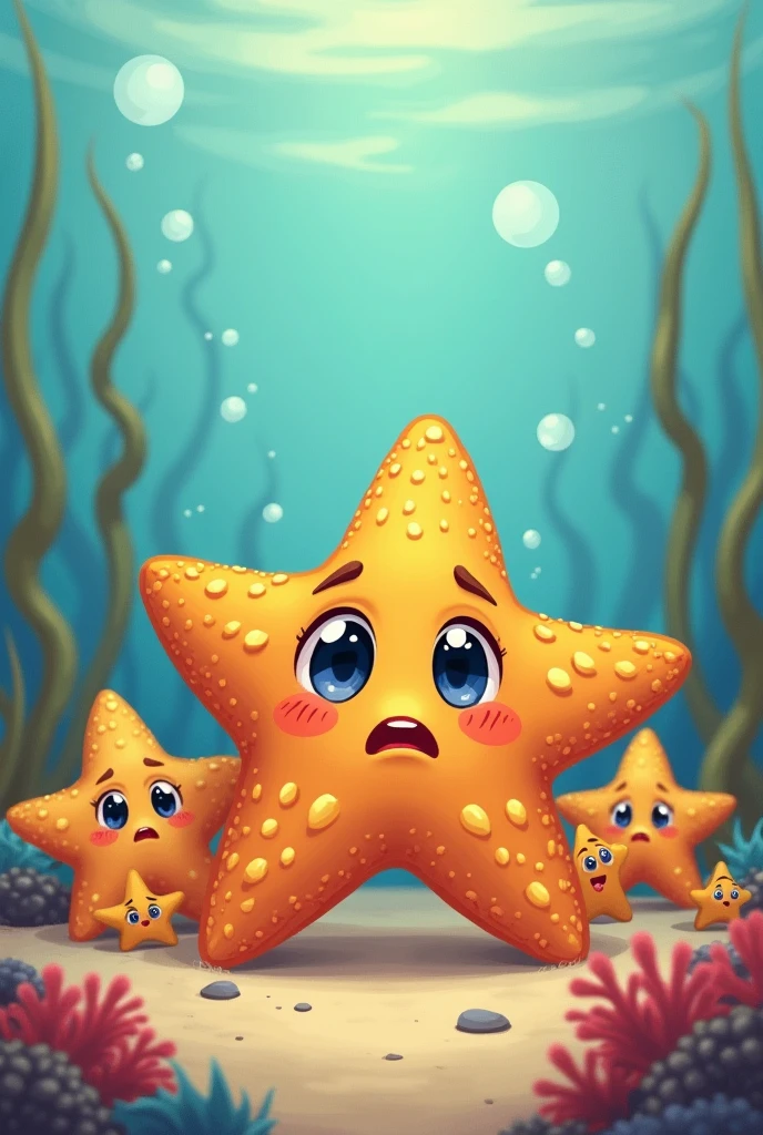 Illustration: Cute Sandy with dark blue eyes,
Illustration: Sandy surrounded by other starfish, looking worried but determined.