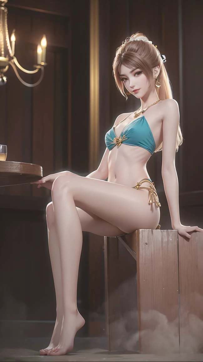 ((Shot in the knee)), ((From below)),A young girl, At the bar, sit on the chair, Cross your legs, Posing elegantly, Detailed scenario, Messy long hair, Brown hair, Light makeup, Blush Blush, Beautiful slender legs, (Very high color saturation), details, Ultra Detailed, (masterpiece, Best quality), (Extremely exquisite and beautiful work), Delicate earrings, Exquisite necklace, Simple blur background, Extremely detailed description, Super Fine, Delicate face, slim body, Thin waist, (Grin), (Anatomically correct),whole body,barefoot
