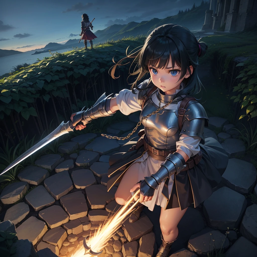 最high quality、high quality、Simple Cloth Armor、１０Year-old girl adventurer、Equipped with a weapon that has a short chain at the end of a stick and a spiked iron ball at the end of the chain、In a dark maze