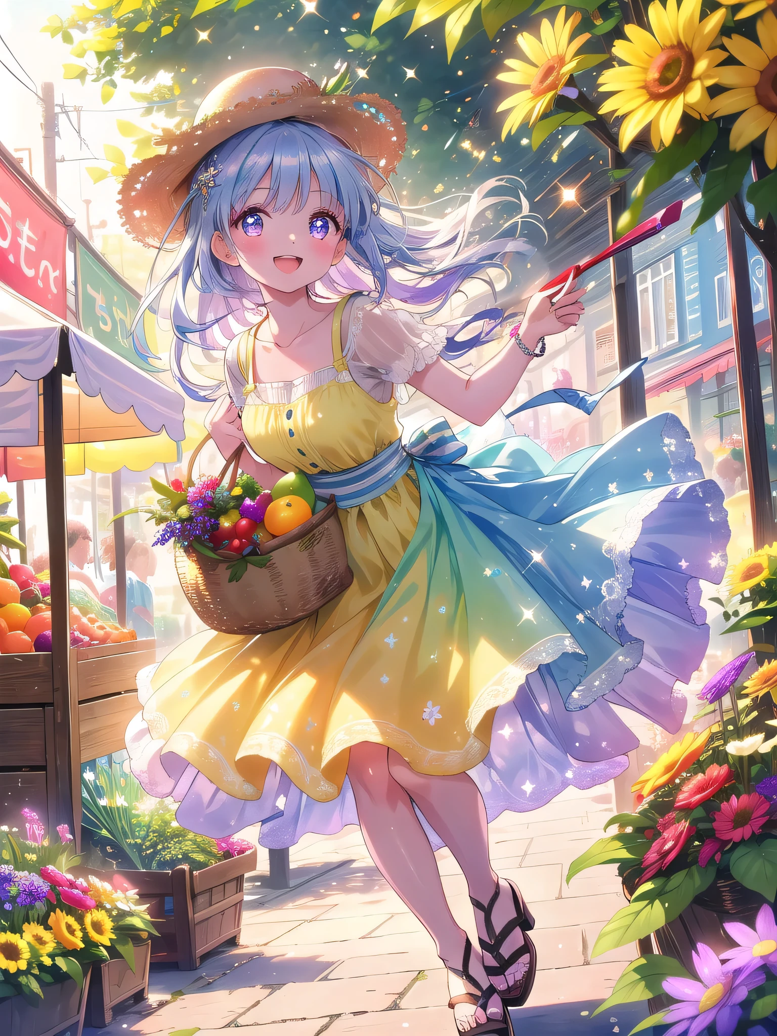 ((8k, Highest quality, masterpiece: 1.3)),Ultra-high resolution,(1 girl, alone), (Color changing eyes, Ultra-detailed, Expressive brilliance, Glitter, Glowing Eyes), Highly detailed eyes, Highly detailed face, Random Hair, ((pastel colour))A charming woman browsing through a weekend farmers’ market, dressed in a casual sundress and sandals. The market is bustling with people, and the stalls are filled with fresh produce and flowers. She’s carrying a small basket, her expression cheerful as she examines the ripe fruits on display. The late morning sun casts a warm glow on the scene, adding to the lively atmosphere. She looks up at the camera with a bright, infectious smile, her eyes shining with joy, as if she’s delighted to have her boyfriend share this vibrant experience with her.